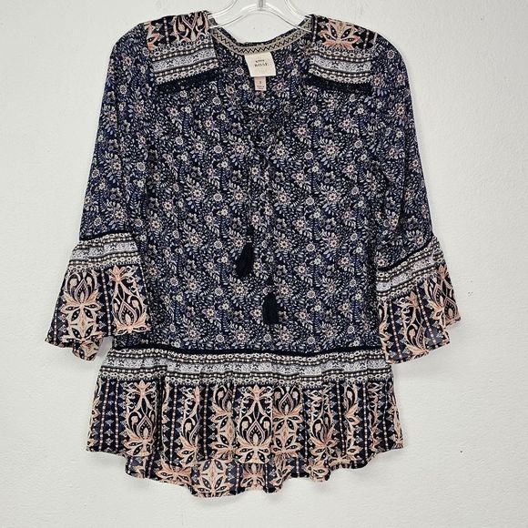 Knox Rose Boho Tunic Chiffon Blue Floral Tie Front Sz S Boho Cottagecore Country - Picture 1 of 10